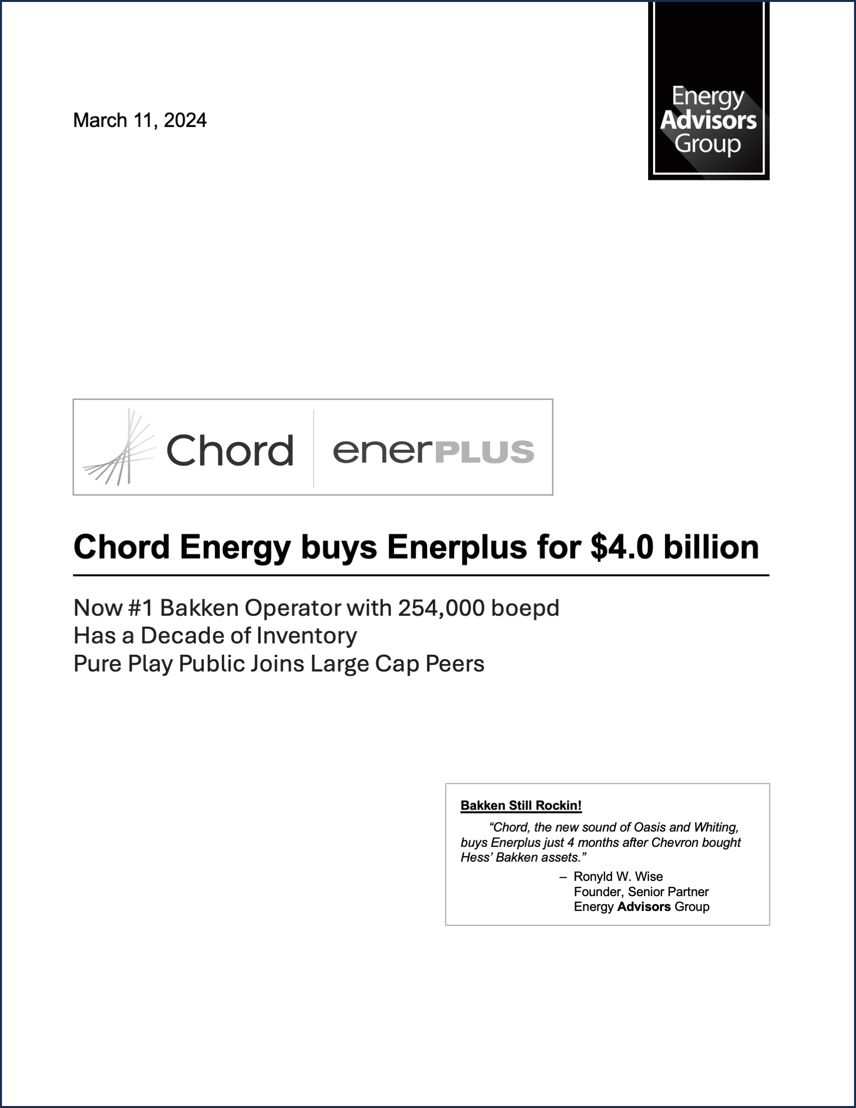 DEAL ALERT (BAKKEN MERGER) - Energy Advisors Group DEAL ALERT (BAKKEN MERGER)